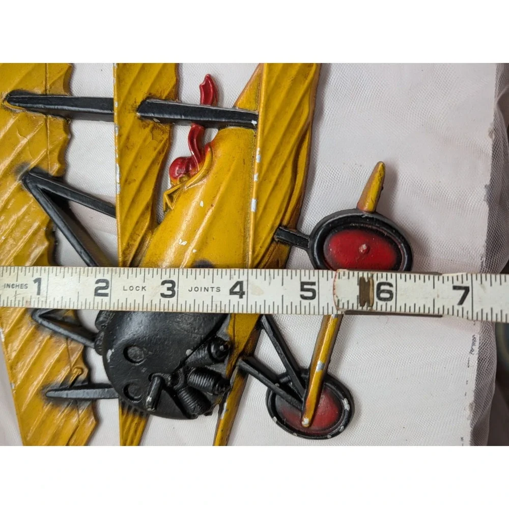 HOMCO USA Metal Biplane Wall Plaque Lot of 2 Yellow & Red Airplane Decor